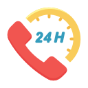 "24/7 customer support icon with a red phone and clock, representing round-the-clock service availability."