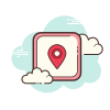 "Location pin icon with clouds, representing GPS tracking and real-time travel navigation services."