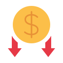 "Low-cost travel icon with a dollar sign and downward arrows, representing affordable and budget-friendly travel services."