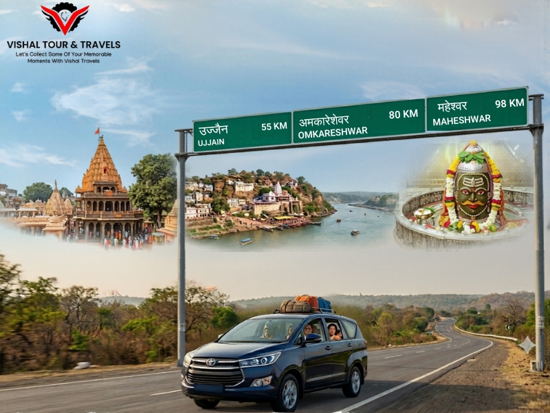 Best Rental Car in Indore for Ujjain, Omkareshwar and Maheshwar road trip with temple landmarks