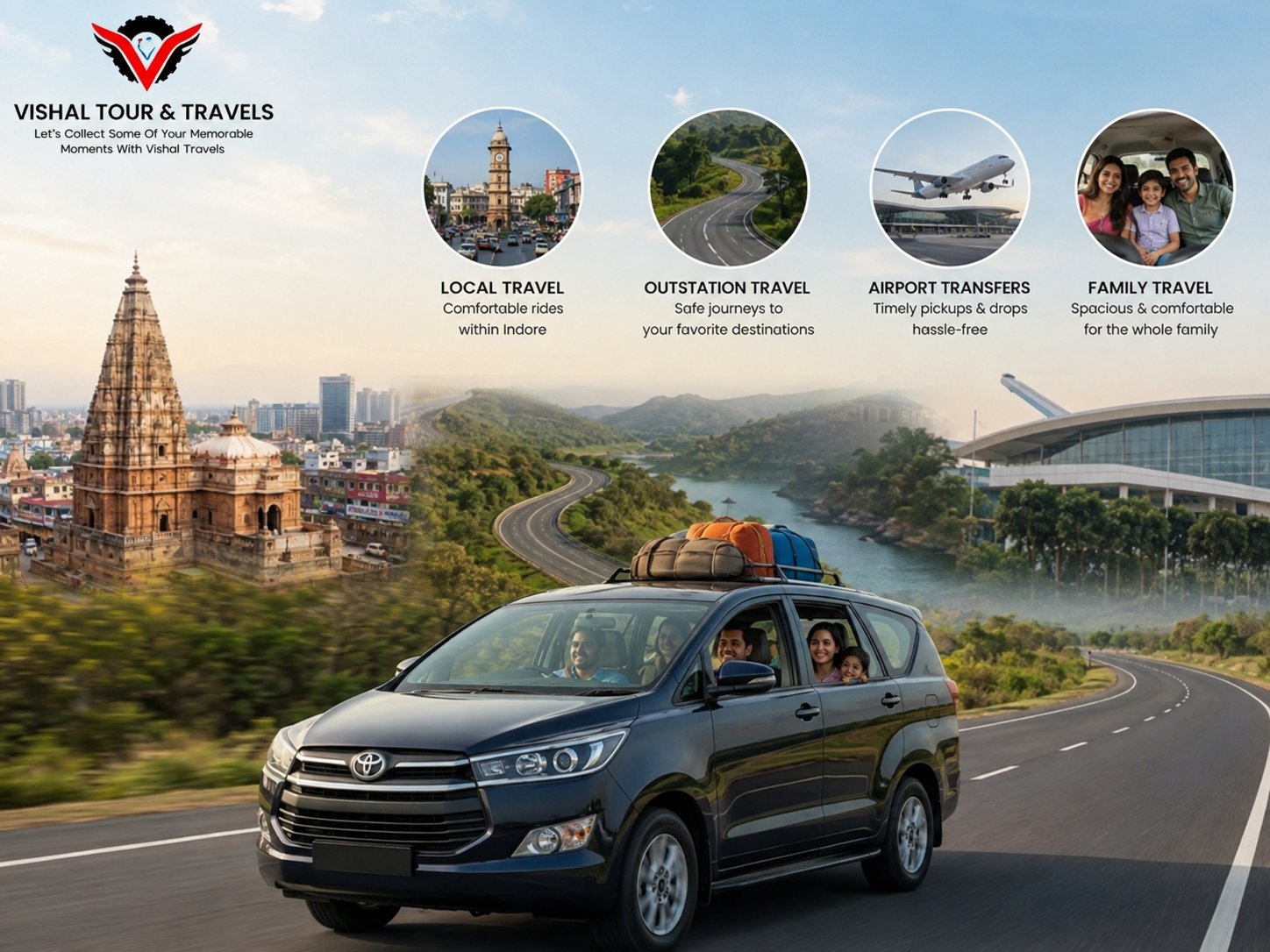 Vishal Tour & Travels car rental service in Indore featuring local travel, outstation travel, airport transfers, and family travel with a comfortable car on a scenic highway.